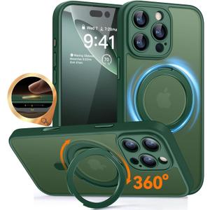CANSHN 360 Spin Magnetic Stand for iPhone 16 Pro Case with Camera Control [Full Camera Protection] [Compatible with Magsafe] Translucent Matte Shockproof Protective Phone Cover 6.3" - Deep Green