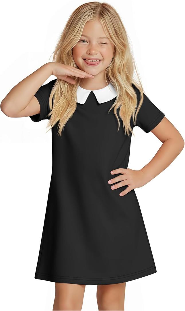Summer Dress for Girls Doll Collar Short Sleeve A Line Swing Party Dresses with Pocket for Kids Aged 9-10 Years (Black)