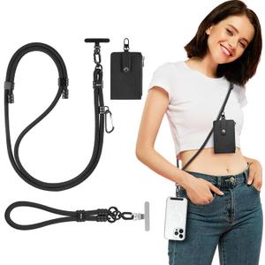 Phone Lanyard, Adjustable Anti Theft Phone Strap Crossbody Wrist Strap with RFID-Blocking Wallet & 2pcs 360 Phone Tabs Compatible for All Phones, Skin-Friendly, Premium Metal Buckles, Black