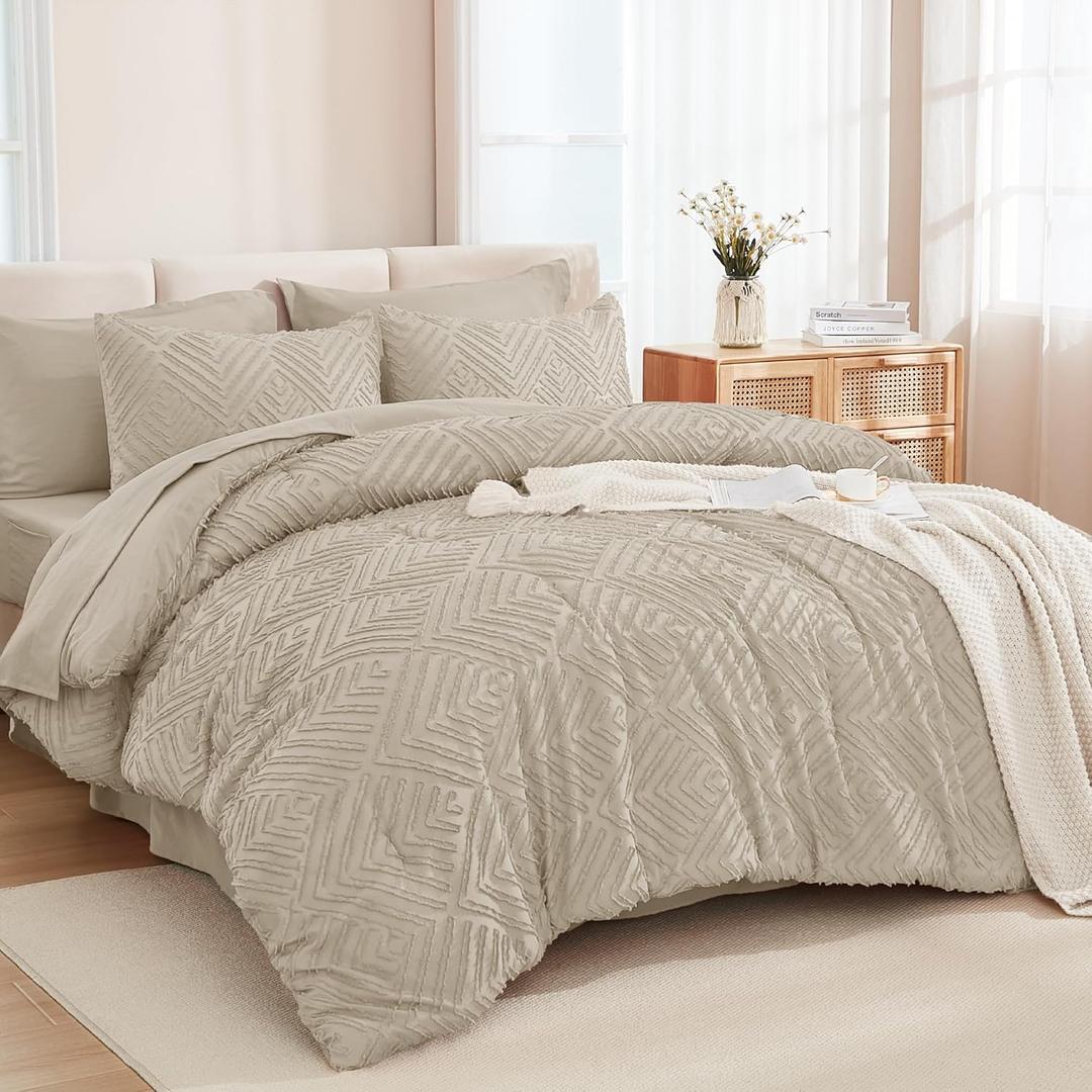 Andency Oatmeal Super King Size Comforter Set with Sheets - 7 Pieces Bed in a Bag Boho Tufted Bedding Sets Fluffy Lightweight Super King Bed Set with Comforter, Sheets, Pillowcases & Shams