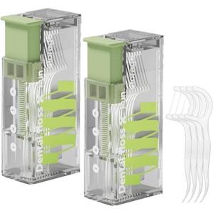 2PCS Floss Pick Dispenser, Portable Travel Floss Pocket Dispenser, Containing 10 Dental Flossers, Automatic Pop-Up Design, Suitable for Home and Travel Teeth Cleaning, Oral Care (Green)