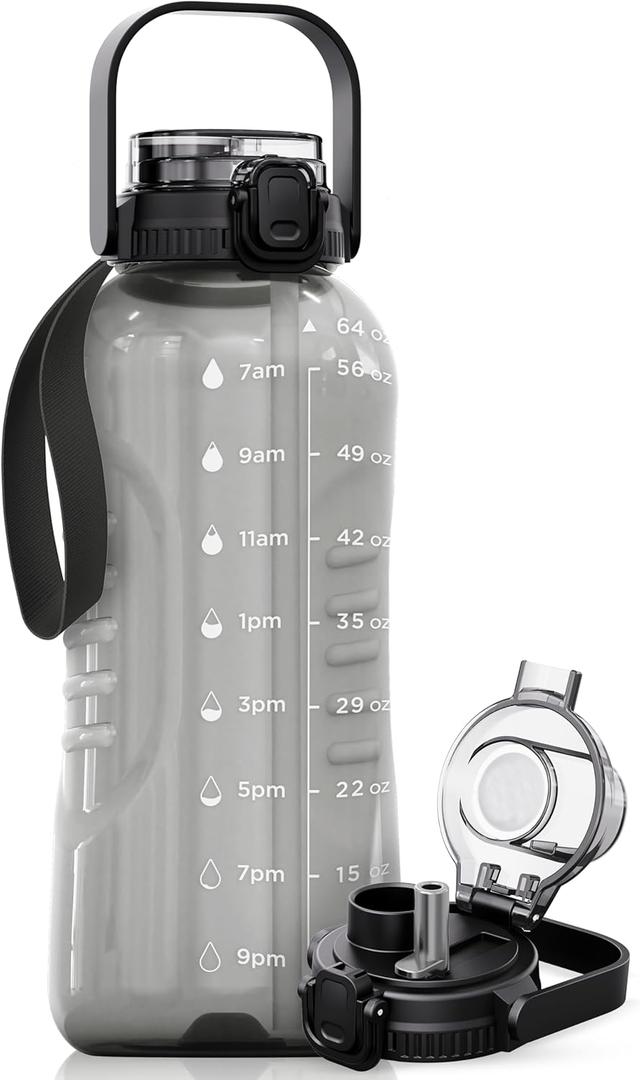 AQUAFIT 64 oz Water Bottle with Time Marker - 2in1 Straw & Chug Lid - BPA Free Big Water Bottle with Straw - Gym Water Bottle with Strap - Water Jug (64 Ounces, Gray)