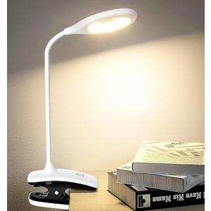 DEEPLITE LED Desk Lamp Clip on Lamp Battery Powered Clip on Light Book Light for Bed, Eye-Caring Flexible Arm Memory Touch 3 Color Modes & Stepless Brightness Portable Reading Light for Study Work. (White)