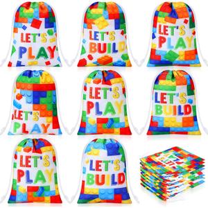 Kajaia 24 Pcs Building Block Candy Treat Bags 7.1 x 5.1 Inch Block Party Favor Polyester Drawstring Reusable Gift Goodie Bags Bulk for Kids Birthday Baby Shower Party Decor Supplies
