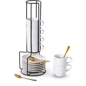 Lareina Porcelain Stackable Espresso Cups with Saucers, Spoons and Metal Stand, 3 Ounce Small Coffee Cups Set of 6 - Ceramic Demitasse Mugs, White
