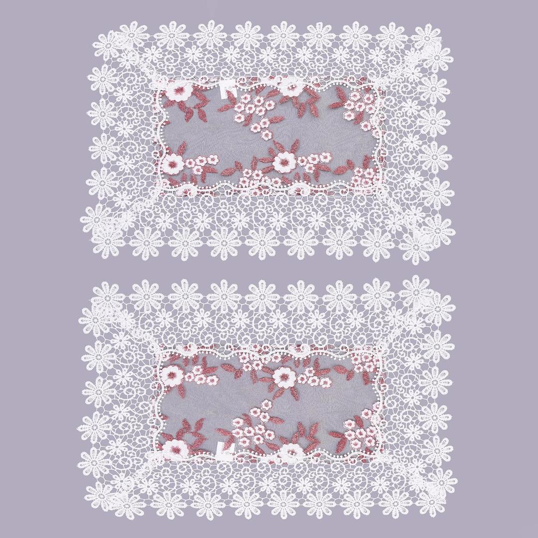 White Dark Red Silver Floral Lace Placemats 14x20 Set of 2, Table Topper Dresser Scarf Place Mats (Set of 2, White & Dark Red)