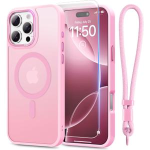Stronger Magnetic & Shockproof for iPhone 16 Pro Case,Fit for MagSafe, with Screen Protector & Wrist Strap, Military-Grade Drop, Translucent Slim for iPhone 16 Pro Case, Chalk Pink