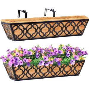 Y&M 6Pcs 24 Inch Window Deck with Coconut Coir Liner, 24" Railing Planter Horse Trough Coco Basket Boxes Metal Hanging Flower Balcony for Outdoor Garden Fence Lawn