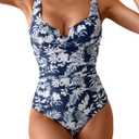 B2prity Women's Underwire One Piece Swimsuit Tummy Control Ruched Bathing Suit Criss Cross V Neck Swimwear (X-Large, Blue Print)