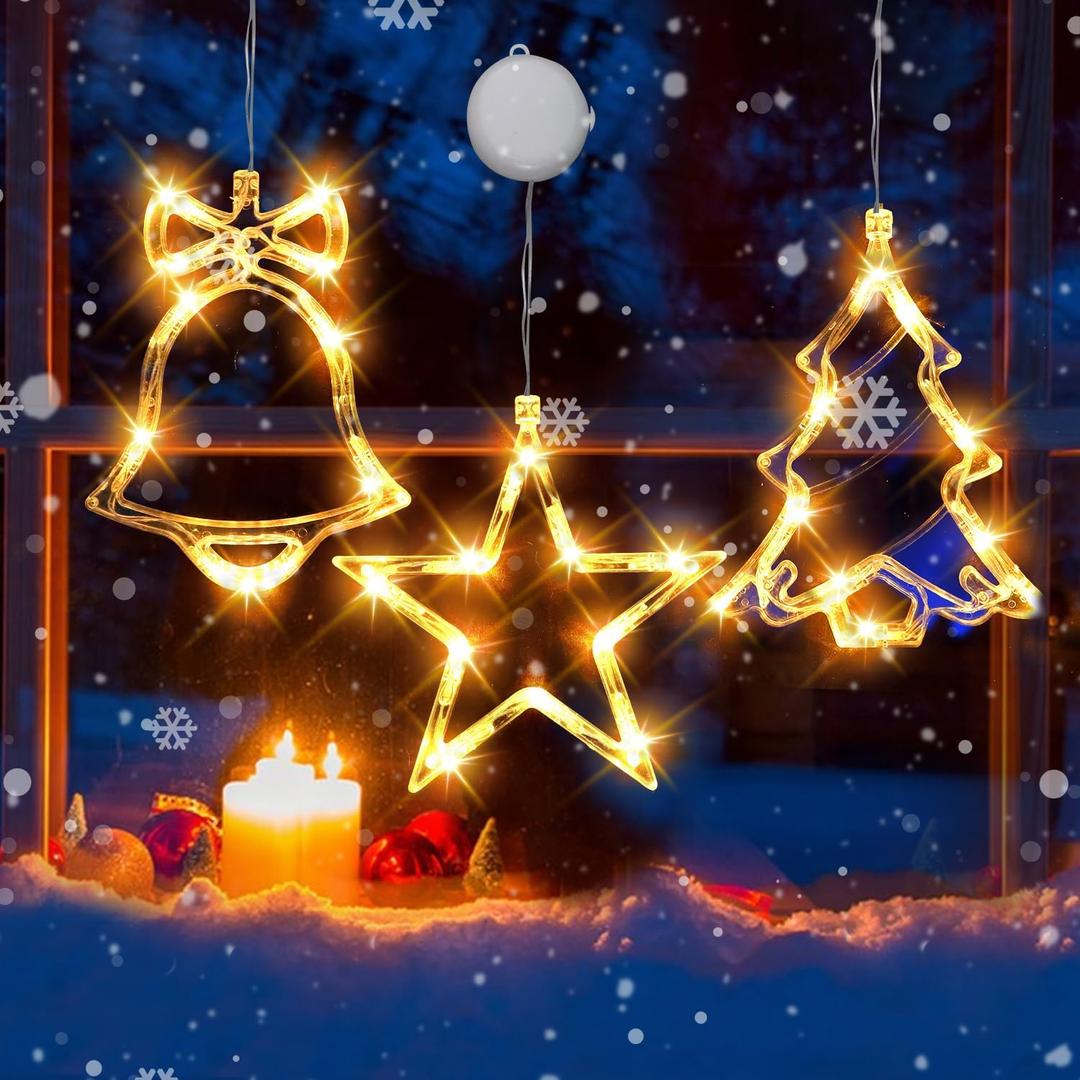 3Pcs Christmas Window Lights, Christmas Decorations Lights Battery Powered Hanging Indoor String Lights Xmas Tree & Jingle Bell & Star Shaped with Suction Cup for Xmas, New Year, Party,Indoor Decor