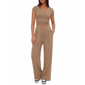 BTFBM Womens 2 Piece Outfits Spring 2026 V Neck Cap Sleeve Ruched Top Wide Leg Pants Sets Rib Knit Lounge Matching Set(Khaki, XX-Large) (Brown, XXL)