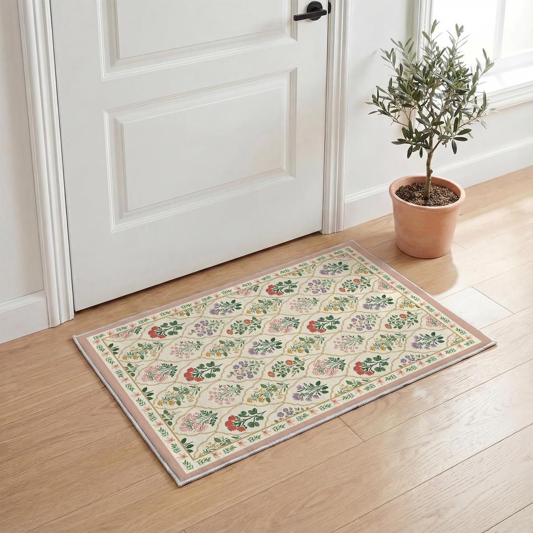 Artoid Mode Beige Diamond Check Flower Spring Door Mat, Summer Home Decor Low-Profile Non-Slip Washable Throw Rug for Kitchen Entryway Front Door Bedroom Bathroom 2x3 Feet