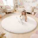 OLANLY Ivory Round Rugs for Bedroom - Machine Washable, 4 ft Circle Area Rugs for Living Room, Soft and Fluffy Shaggy Carpet for Teen Girls and Boys, Nursery Rooms, Dorms, Home Decor Aesthetic