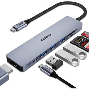 BENFEI USB C HUB 7-in-1 with HDMI(4K@60Hz,Certified), 100W Power Delivery, 3*USB 3.0, SD/TF Card Reader(160MB/s) Compatible with iPhone 15 Pro/Max, MacBook, iPad Pro, iMac, S23, XPS17 (Gray)