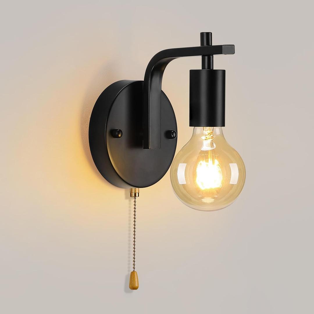 Black Wall Pull Chain Sconce with Switch Wall Lamp, Retro Wall Light E26 Industrial Wall Lighting Hard Wired Vintage Wall Lights for Bedroom Living Room Kitchen