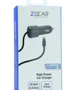 ZGear High Power Lightning Cable Car Charger - Black, 2 Pack
