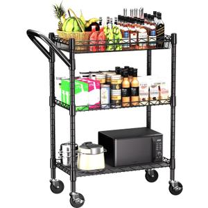 3 Tier Heavy Duty Rolling Utility Cart,18" D x 23.8" W x 36.6" H Rolling Carts with Wheels,Commercial Grade Metal with Handle Bar & Shelf Liner,Trolley Serving Storage Cart for Kitchen Black