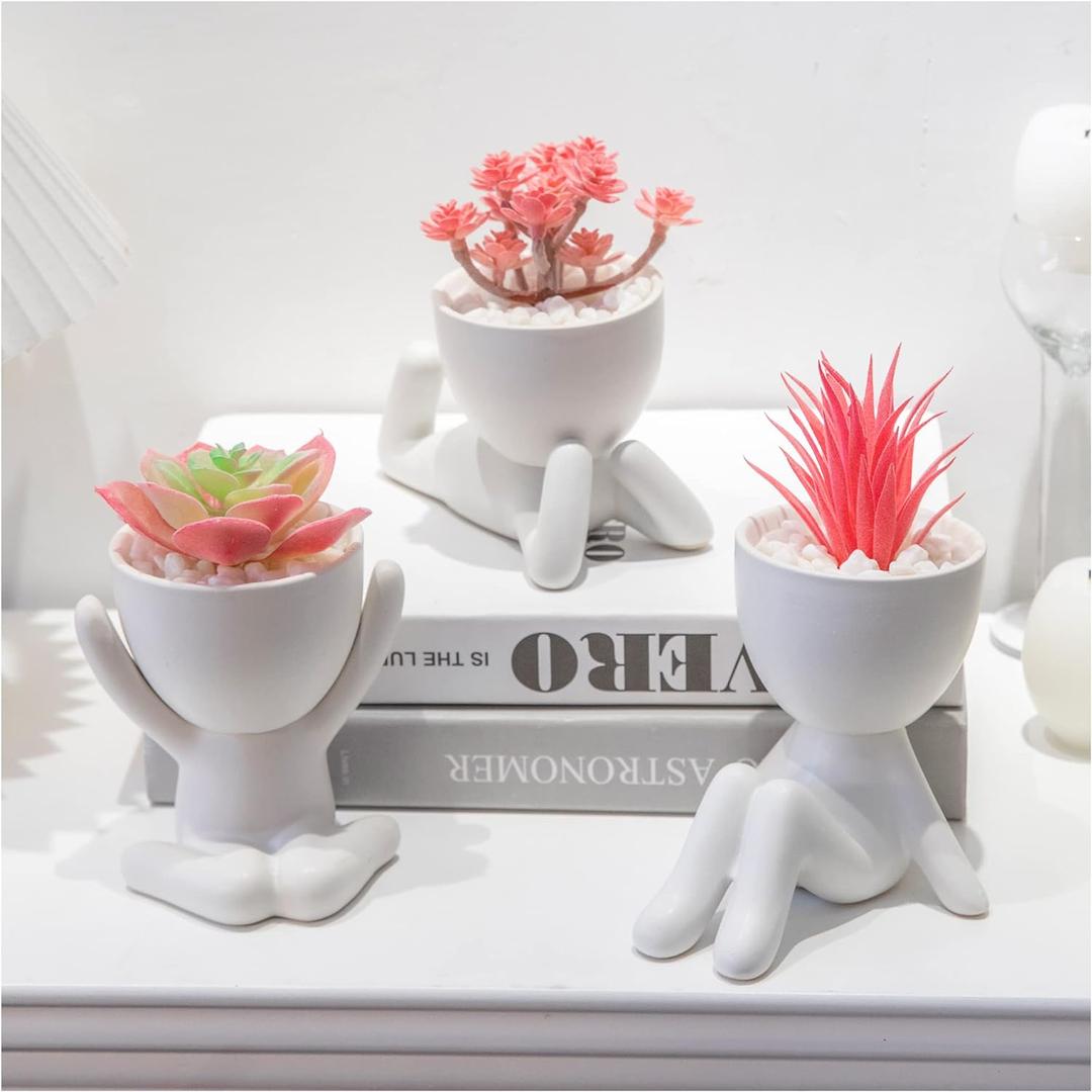 3PCS Human-Shaped Potted Artificial Plants Office Decor for Women and Men, Small Fake Plants Decor for Bedroom and Bathroom, Cute Faux Succulent Desk Decor for Office and Home, Pink