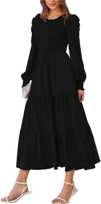Black Long Sleeve Dress High Neck for Women Elegant Maxi A Line Long with Smocked Empire Waist Bohemian Flowy Tiered Design, Large