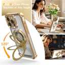 Magnetic case for iPhone 16 with Full Camera Lens Protection(Compatible with MagSafe),Military Shockproof Slim Electroplate Bumper Clear Cover Built-in Invisible Ring Stand,Gold