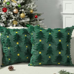 Heirloom Haven Christmas Pillow Covers Set of 2,Green Xmas Tree Stars Winter Soft Plush Faux Fur Jacquard Couch Cushion Case Holiday Farmhouse for Sofa Home Decor 18 x 18 Inch