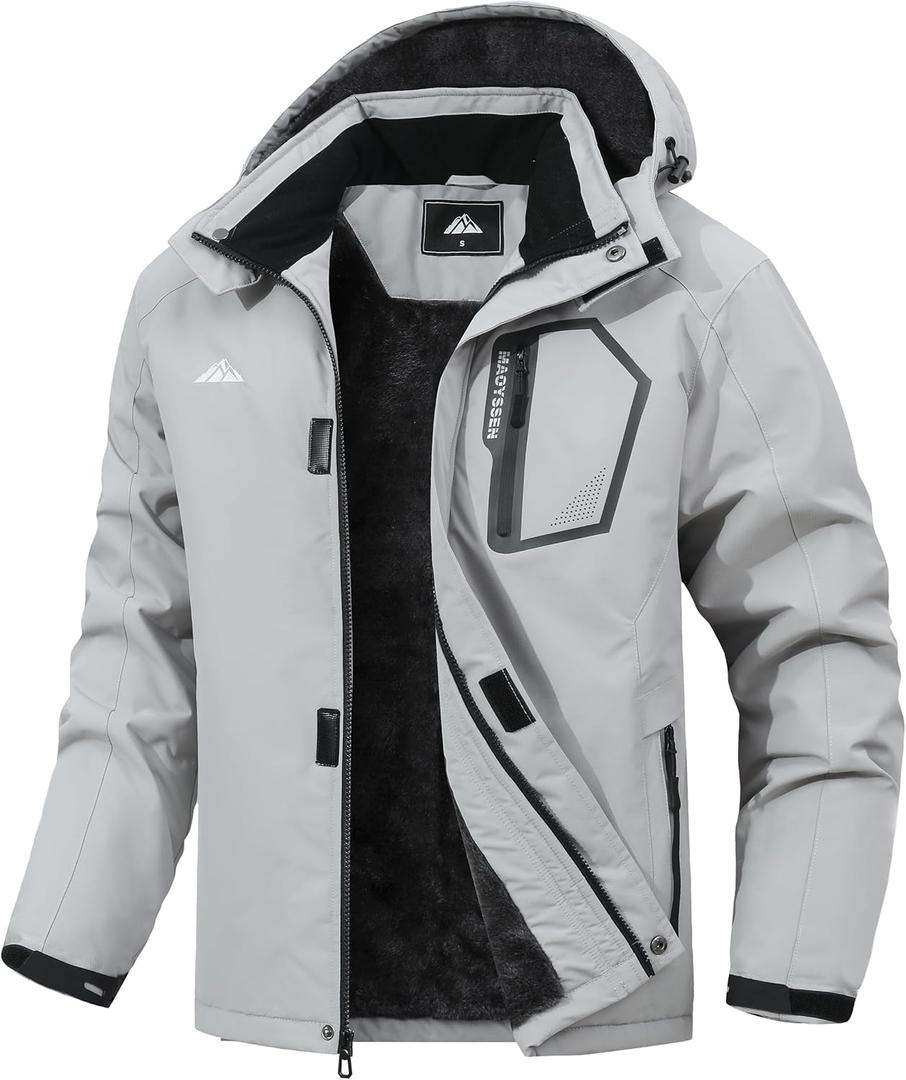 Mens Warm Ski Jacket,Waterproof Fleece Lined Hooded Outdoor Cold Weather Jacket with Multi-Pockets (Large, Light Gray)