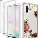 Phone Case for Galaxy Note 10 Plus/Note 10+ 5G N975U Case with Tempered-Glass Screen Protector, Clear Floral Pattern Full Body Protective Cover Cases for Samsung Galaxy Note 10 Plus (Flower)