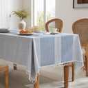 ZeeMart Contrast Linen Table Cloth Rectangle Table Cloths 52x70 Inch Mid-Stripe Blue, Farmhouse Style Heavy Weight Dusty Blue Tablecloth, Water Resistant Burlap Tablecloths