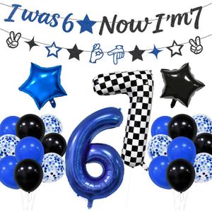 6 7 Birthday Decorations Six Seven Theme Birthday Party Decor Happy Birthday Decoration Funny 6 7 Meme Party Supply with I was 6 Now I'm 7 Banner 6 7 Balloon Blue Black and Checkered Balloons