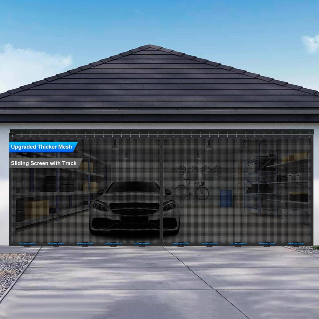 Sliding Garage Door Screen 16x7FT for 2 Car Garage Doors, Magnetic Garage Screen Door with Track Closure, Thicker 265g/ Mesh, 16x7Ft Retractable Garage Door Screen(Patent has Been published) (Black)