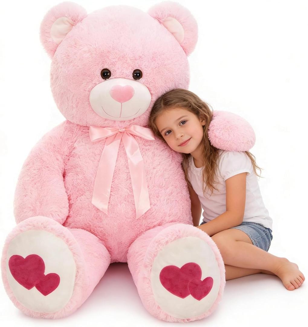 Tezituor Giant Teddy Bear 4 Feet - Big Pink Stuffed Animal with Love Red Heart - Large Stuffed Bear Plush Toys for Kid Christmas Birthday - Valentines Bear Gift for Girlfriend
