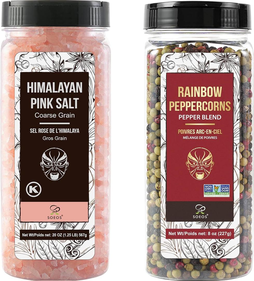 Soeos Himalayan Pink Salt and Rainbow Peppercorn Grinder Refills, 18oz Salt & 8oz Peppercorns, Kosher Seasoning Set for Cooking (13 Ounce (Pack of 2))