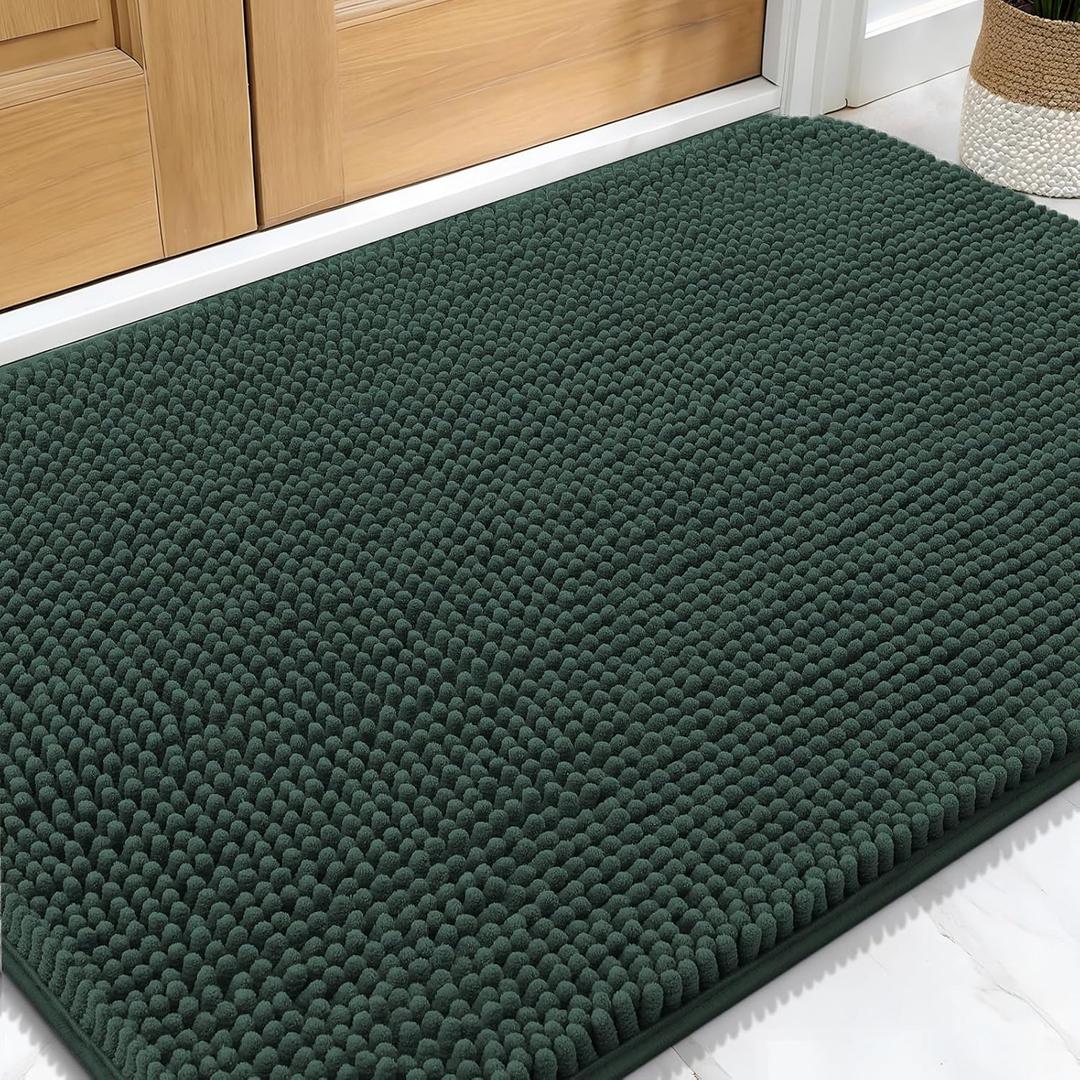 OLANLY Dog Door Mat for Muddy Paws 30x20, Absorbs Moisture and Dirt, Absorbent Non-Slip Washable Doormat, Quick Dry Chenille Mud Mat, Entry Indoor Entryway Carpet for Inside Floor, Blackish Green