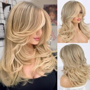 LEOSA Golden Blonde Wig with Bangs, Long Haired Wig for Women Curtain Bangs, Synthetic Layered Long Wavy Medium Brown Light Ombre Real Hair Wig for Daily Party Use