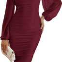 MEROKEETY Women's Long Sleeve Wedding Guest Formal Dress Fall Winter Ruched Bodycon Mesh Cocktail Party Midi Dresses (Large, Wine Red)