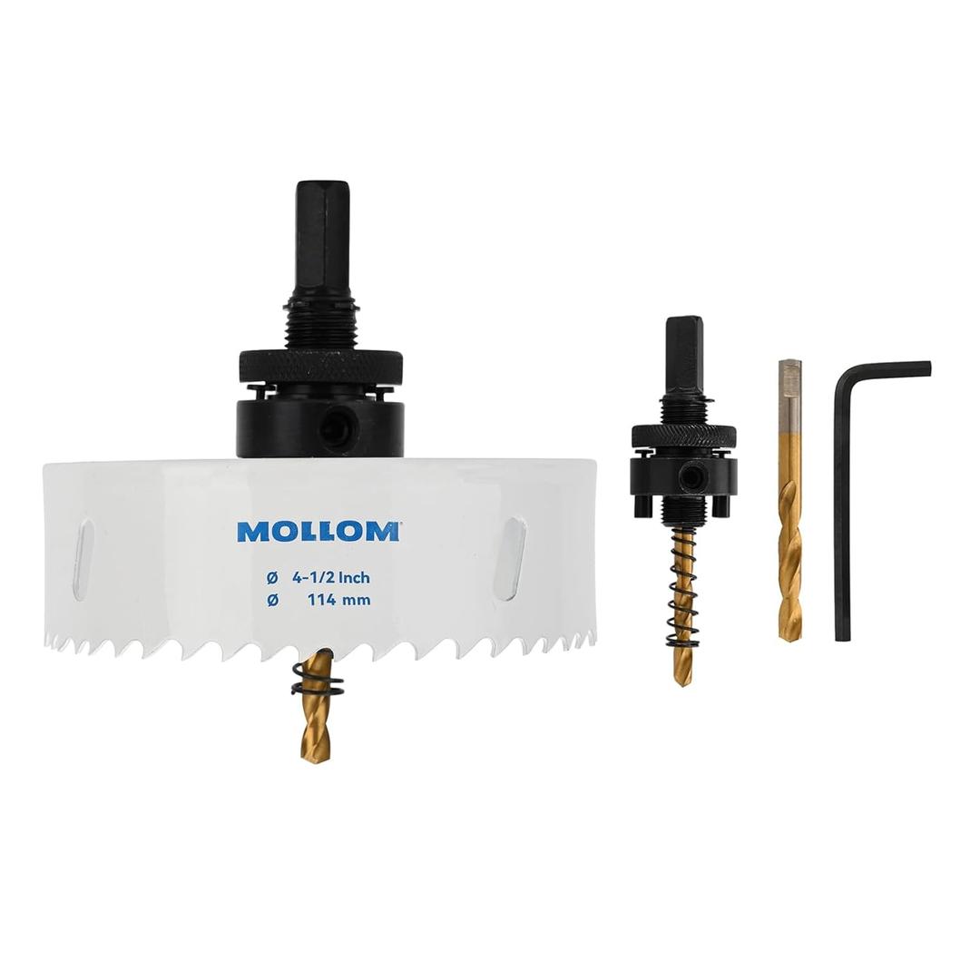 Mollom (114mm | 4-1/2") HSS M42 with 8% Cobalt BI-Metal Hole Saw with 2 Pilot Drill Bits & Arbor Smooth Cutting for PVC,Drywall,Wood,Plastic,Gypsum Board,Rubber