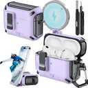 For AirPods Pro 3 Case (2025) with Phone Stand,with Automatic Snap Switch Carbon Fiber Design Protection Cover for Airpods Pro 3 Gen with Cleaning Pen,Purple