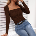 Florboom Women's Ruched Fitted Tops Square Neck Long Sleeve T-Shirts Going Out Tees, Size M