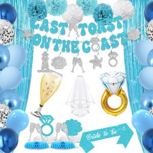 Last Toast on The Coast Bachelorette Decorations, Blue Bridal Shower Party Decorations Including Fringe Curtain, Bride To Be Sash, Veil, Bachelorette Banner, Centerpieces, Hanging Swirls, and Pom poms