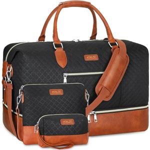 Weekender Bag for Women, Travel Duffel Bag Carry On Overnight Bag with Shoe Compartment Large Nylon Travel Weekend Tote Bag (4-Black)