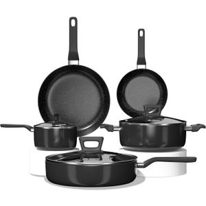 COOKER KING Pots and Pans Set Non Stick, Kitchen Cookware Set, Induction Cookware Set, Health Non Toxic Cooking Pan Set PFOA Free Includes Pots, Pans with Glass Lid, Compatible with All Stoves(Black)