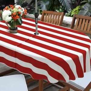 Red Strips Print Outdoor Tablecloth with Umbrella Hole for Oval Table, Waterproof Strip Patio Table Cloth with Zipper - 60 x 102 inches