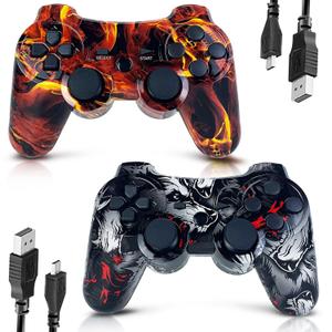 CHENGDAO Controller for PS3 Controller 2 Pack for PlayStation 3 High-Performance Wireless Controller with Double Vibration Motion Control, Flame&Wolf