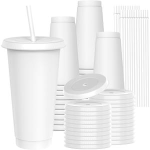 24 oz Plastic Cups With Lids and Straws, Sturdy & Food-Safe Iced Coffee Cups With Lid, Plastic Tumbler Reusable, Drinking Cups for Cold Drinks, Milkshakes, Smoothies - White(24 Sets) (EXP 02/04/26)