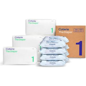 Coterie Baby Wipes + Diapers Kit, Size 1 Diapers (198 Count) & 8 Pack (448 Count) Baby Wipes with 99% Water, Plant Based Materials, Hypoallergenic for Sensitive Skin, Baby Essentials
