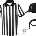 Halloween Kids Referee Costume Set White Black Stripe Umpire Jersey Overturned Collar Referee Shirt Stainless Steel Whistle with Lanyard Hat for Basketball Football Soccer (X-Large)