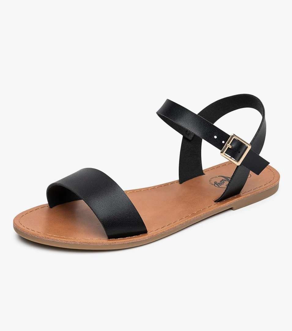 Trary Women's Dressy Summer Leather Flat Ankle Strap Gladiator Open Toe One Band Two Tone Adjustable Metal Buckle Comfortable Wedding Sandals, size 9