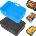 Silicone Air Fryer Liners Rectangle 2 Pack 8.0 Inch Airfryer Liners 8-10 QT Dual Air Fryer Liners Reusable Pot Oven Liner Baking Tray, Air Fryer Basket Silicone Mat Bowl Air Fryer Accessories Kitchen (Blue+Gray)