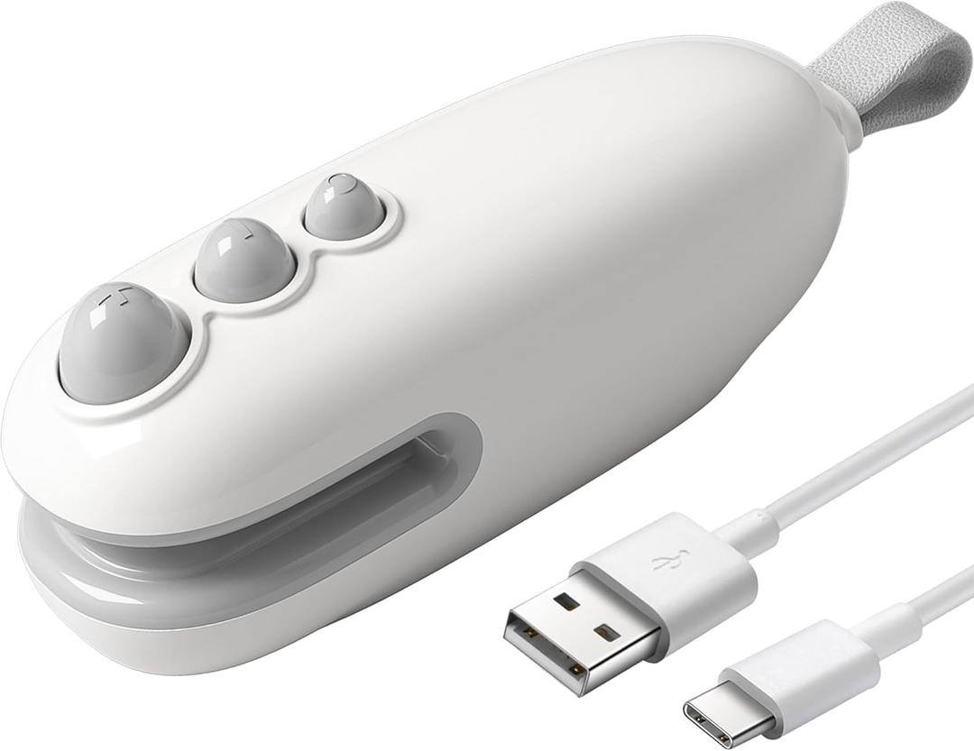 Mini Bag Sealer with Cutter, Rechargeable, Handheld Heat Sealer Machine with Magnetic, Portable Bag Sealer Heat Seal for Keep Food Fresh and Snacks Crispy. White