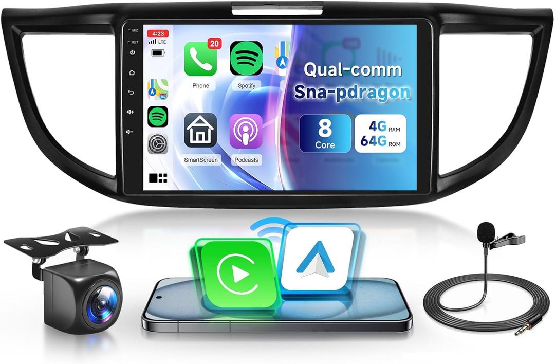 8 Core Qual-comm Snapdragon Chip, 4G+64G Stereo for Honda CRV 2012 2013 2014 2015 2016 Car Radio, Wireless Carplay Android Auto, 9" IPS Touch Screen Stereo for CRV, GPS+WiFi Backup Camera Bluetooth
